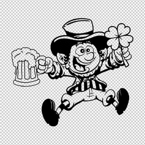 May include: A black and white cartoon illustration of a leprechaun holding a beer mug and a four-leaf clover.
