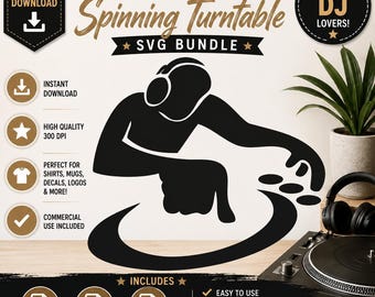 May include: Black and white SVG bundle design featuring a DJ silhouette with headphones, a turntable, and the text "DEEJAY Spinning Turntable SVG Bundle." Includes SVG, PNG, and EPS files. Perfect for shirts, mugs, decals, logos & more.