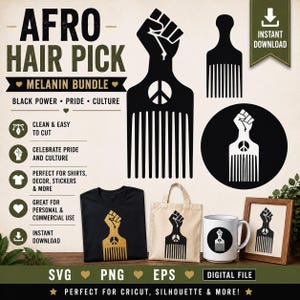 Może przedstawiać: Zestaw cyfrowych projektów z ilustracjami grzebieni afro, z uniesioną pięścią i symbolem pokoju. Zawiera pliki SVG, PNG i EPS. Tekst brzmi "Black Power, Pride, Culture."