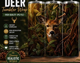 Deer Forest Tumbler Wrap, Realistic Deer 20oz Skinny Tumbler Wrap, Wildlife Sublimation Design, JPG Digital Download