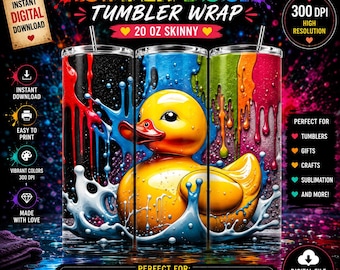 Rubber Duck Tumbler Wrap, Colorful Paint Splash 20oz Skinny Tumbler Design, Bright Duck Sublimation Wrap, JPG Digital Download