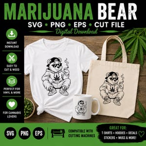 Könnte beinhalten: Ein weißes T-Shirt, eine beige Stofftasche und eine weiße Keramiktasse, jeweils mit einer schwarzen Grafik eines Bären, der eine Baseballkappe, eine Sonnenbrille und einen Kapuzenpullover trägt und eine Zigarette raucht.