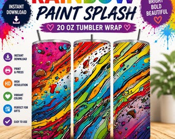 Rainbow Paint Splash Tumbler Wrap, Abstract Alcohol Ink 20oz Skinny Tumbler Sublimation Design, Colorful Fluid Art Digital Download