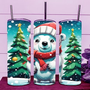 Cute Xmas White Bears Christmas Polar Bear Skinny Tumbler Wrap 20oz Straight Cup Image - Sublimation Design, Ready To Cut Digital Download