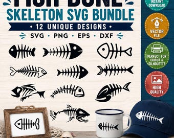 Fish Bone Skeleton SVG Bundle, 12 Fishing Clipart Designs PNG EPS Digital Download