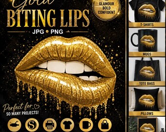 Gold Glitter Lips PNG JPG, Biting Lips Clipart, Glam Makeup Fashion Design, Printable Wall Art and Sublimation Digital Download
