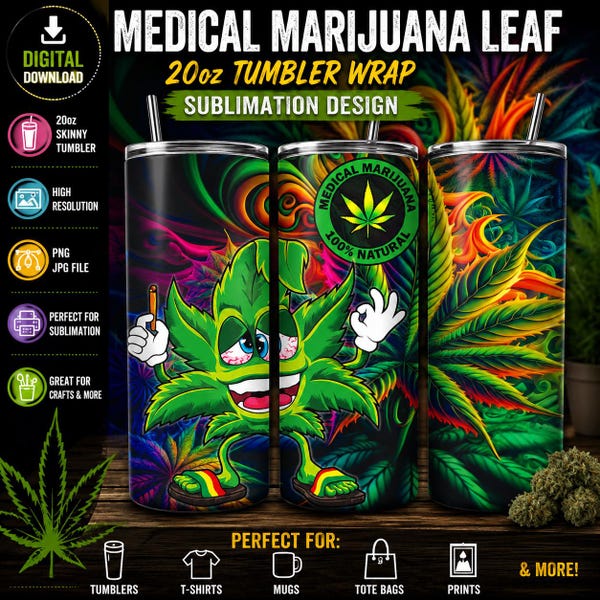 Medical Marijuana Leaf 20oz Tumbler Wrap, Cannabis Weed JPG Sublimation Design Digital Download