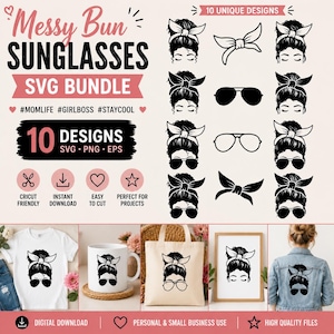 Lot chignon désordonné SVG, lunettes de soleil vie de maman, bandana cheveux PNG EPS, fichiers de coupe Cricut, 10 modèles de téléchargement numérique