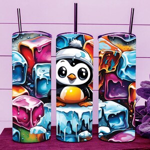Adorable Snow Winter Ice Cube Chibi Penguin Skinny Tumbler Wrap 20oz Straight Cup Image - Sublimation Design, Ready To Cut Digital Download