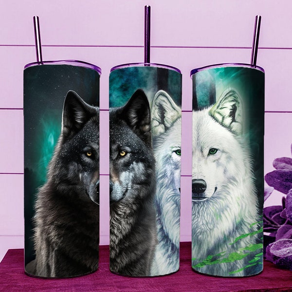 Wild Woods Moonlight Black & White Wolves Wolf Tumbler Wrap 20oz Straight Cup Image - Sublimation Design, Ready To Cut Digital Download