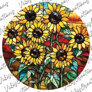 Stained Glass Bouquet Sunflowers Art Ornament Decoration Sublimation Round Circle Image PNG - Digital Design File