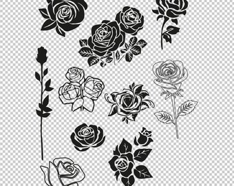 Könnte beinhalten: Ein Satz von zehn schwarzen und weißen Silhouettenbildern von Rosen. Die Rosen befinden sich in verschiedenen Blühstadien und sind in verschiedenen Posen angeordnet.