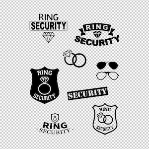 May include: Black and white graphic designs with the text "Ring Security" and images of rings, diamonds, sunglasses, and a shield.
