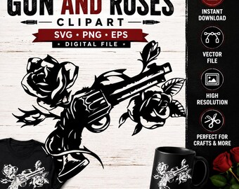 Gun and Roses SVG PNG EPS, Revolver With Rose Clipart Digital