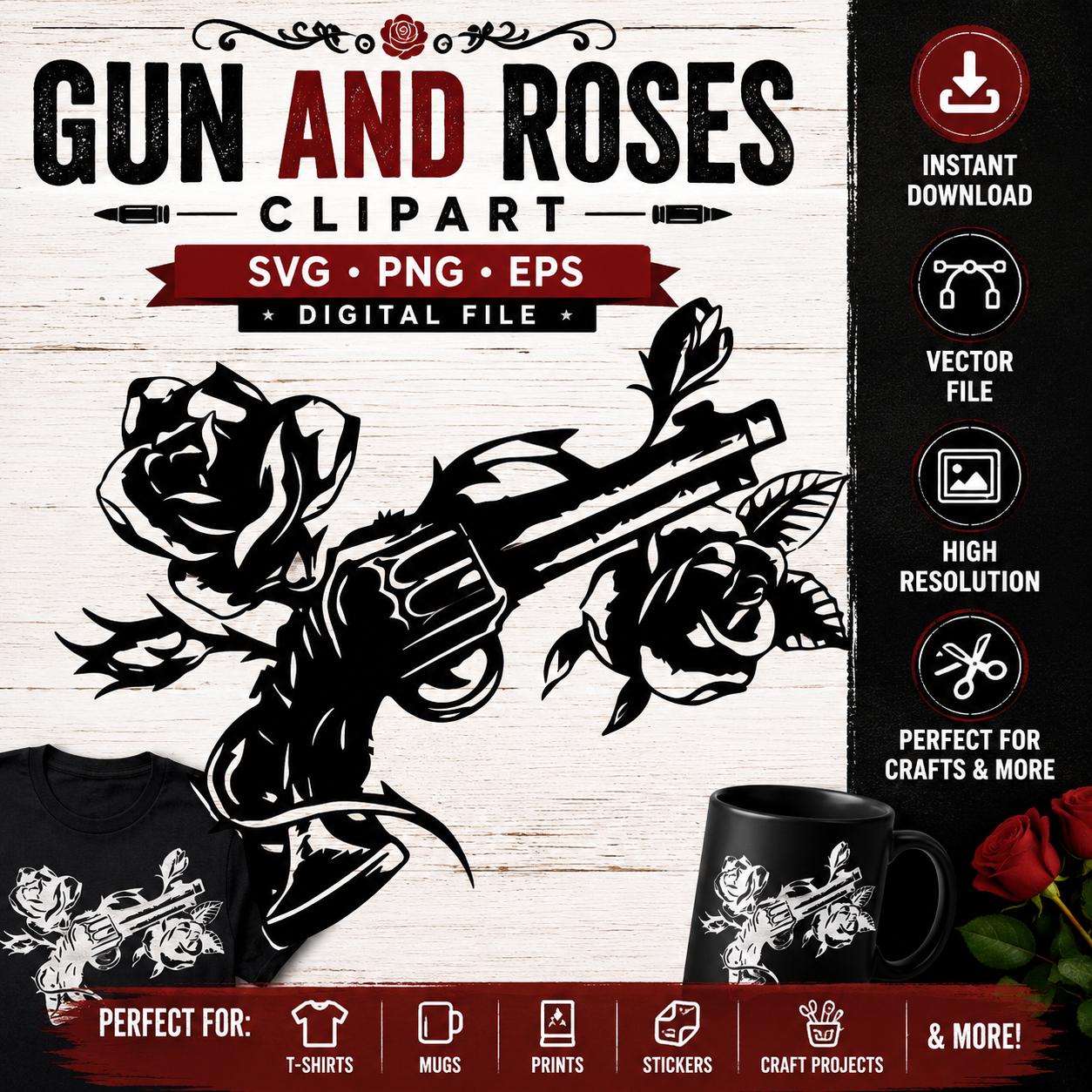 Gun and Roses SVG PNG EPS, Revolver With Rose Clipart Digital
