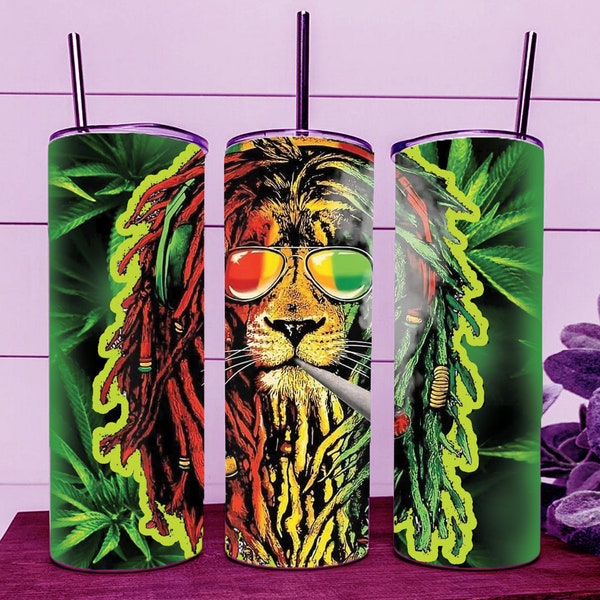 Ganja rasta Smoking Lion Marijuana Weed Skinny Tumbler Wrap 20 oz coupe droite Image - Design par sublimation, prêt à découper en téléchargement numérique