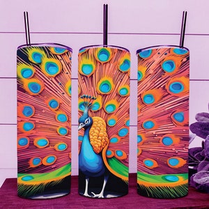 Fantasy Rainbow Bird Gold Glitter Peacock Skinny Tumbler Wrap 20oz Straight Cup Image - Sublimation Design, Ready To Cut Digital Download