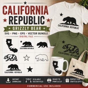 République de Californie grizzly SVG Bundle, fichiers vectoriels PNG EPS drapeau d'État, téléchargement numérique