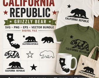 California Republic Grizzly Bear SVG Bundle, PNG EPS State Flag Vector Files, Digital Download