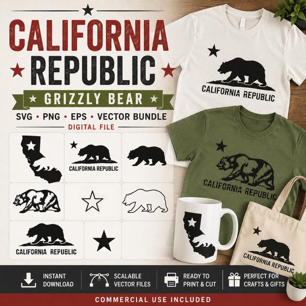 California Republic Grizzly Bear SVG Bundle, PNG EPS State Flag Vector Files, Digital Download