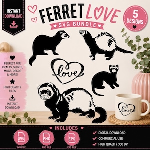Ferret Love Bundle, Ferrets SVG PNG EPS, Cute Ferret Clipart, Pet Lover Cut Files, Digital Download