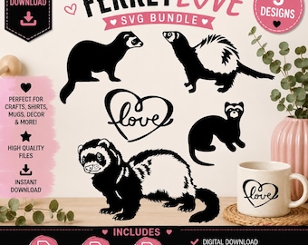 Bundle amour furet, furets SVG PNG EPS, Clipart furet mignon, amoureux des animaux de compagnie fichiers coupés, téléchargement numérique
