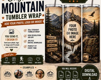 Custom Mountain Tumbler Wrap, Add Your Logo Photo or Image, Adventure Wilderness Sublimation Design, Digital Download