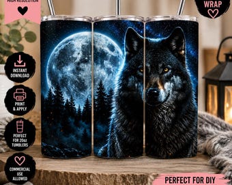 Black Wolf Tumbler Wrap, Moonlit Wolf Sublimation Design, Instant Download