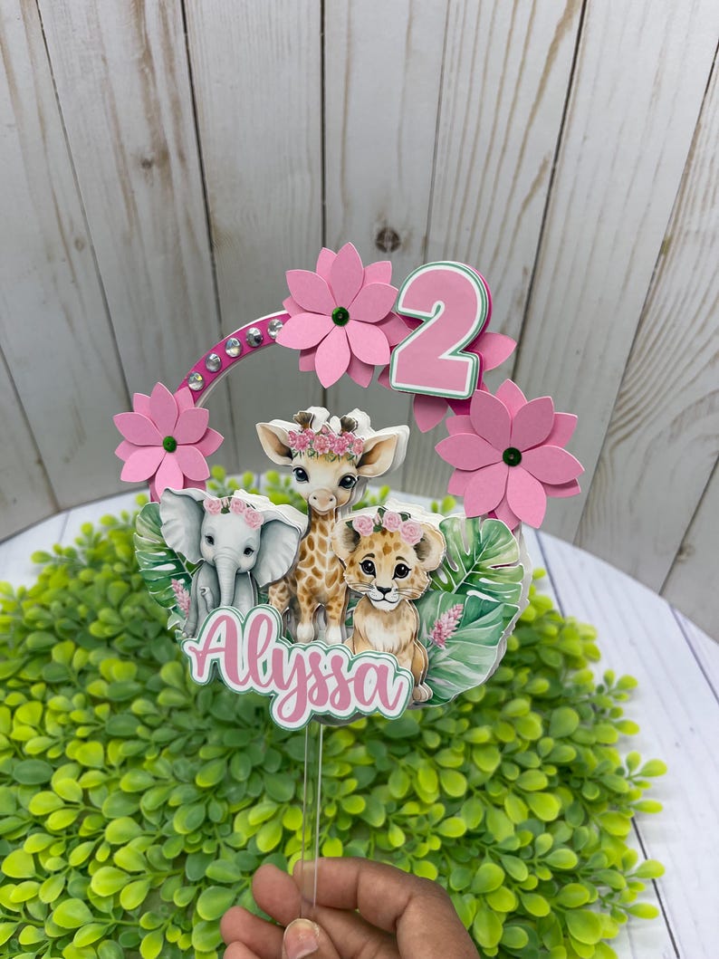 Personalized Safari Girl Birthday Cake Topper – Jungle Animals, Pink ...