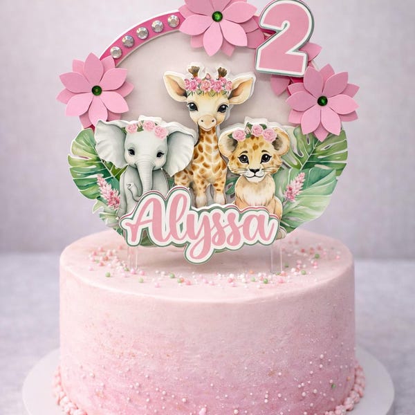 Personalized Safari Girl Birthday Cake Topper – Jungle Animals, Pink Floral Theme