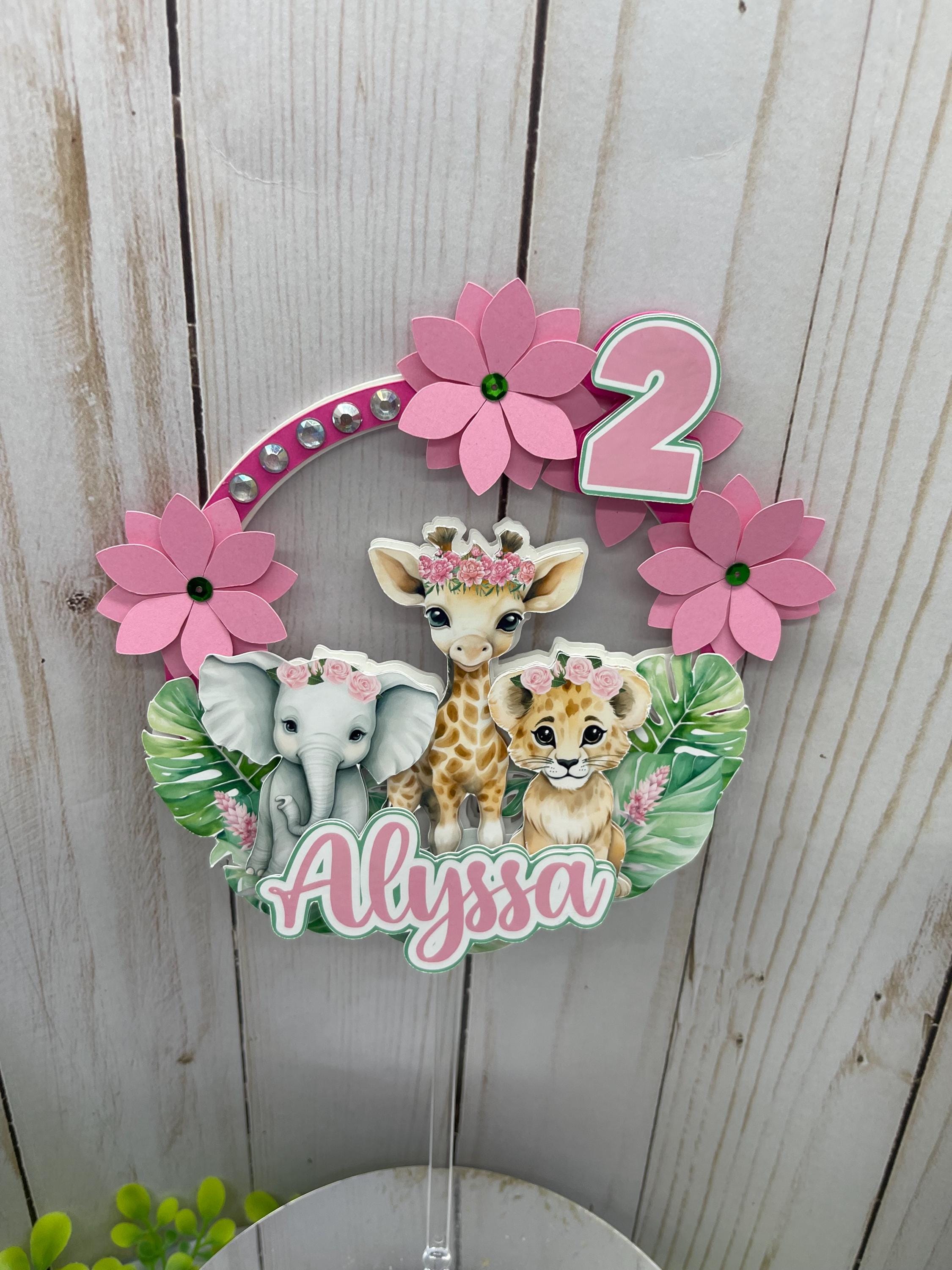 Personalized Safari Girl Birthday Cake Topper – Jungle Animals, Pink ...