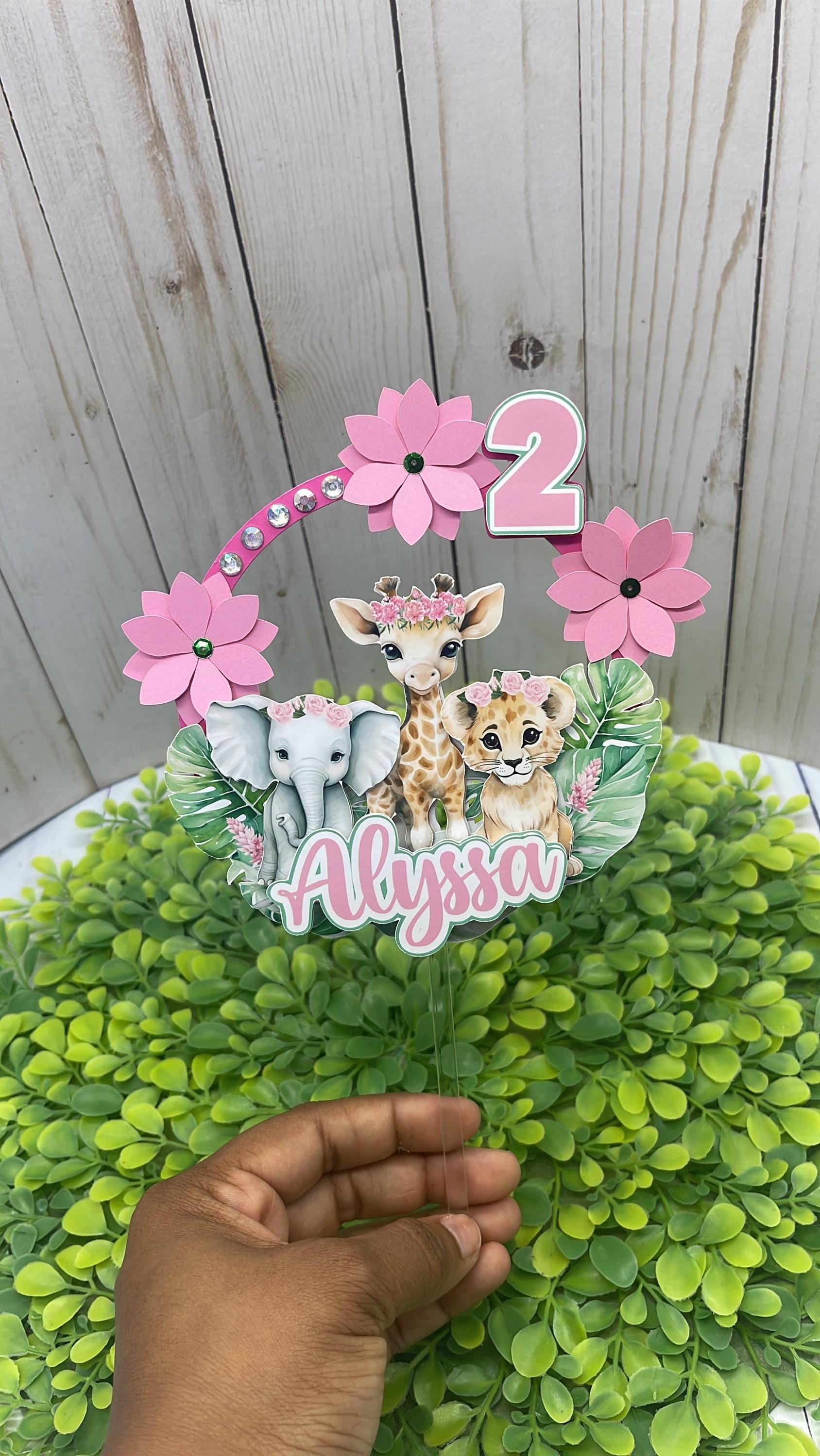 Personalized Safari Girl Birthday Cake Topper – Jungle Animals, Pink ...