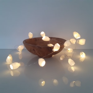 Könnte beinhalten: Eine Lichterkette mit weißen Lichtern und einer Holzschale in der Mitte. Die Lichter sind um die Schale gewickelt und leuchten, wodurch ein warmes Licht entsteht.