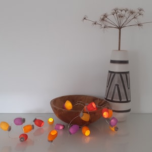 May include: A string of fairy lights with colorful felt covers in shades of orange, yellow, and purple. The lights are strung around a wooden bowl and are lit, casting a warm glow.