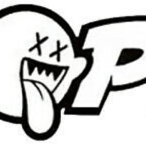 May include: Black and white graphic design of a ghost with a tongue sticking out and the word "DOPE" in a stylized font.