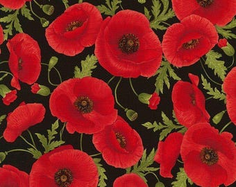 May include: A fabric pattern featuring vibrant red poppy flowers with dark centers and detailed green foliage set against a solid black background. The design includes multiple open blossoms and small closed buds arranged in a dense floral layout.