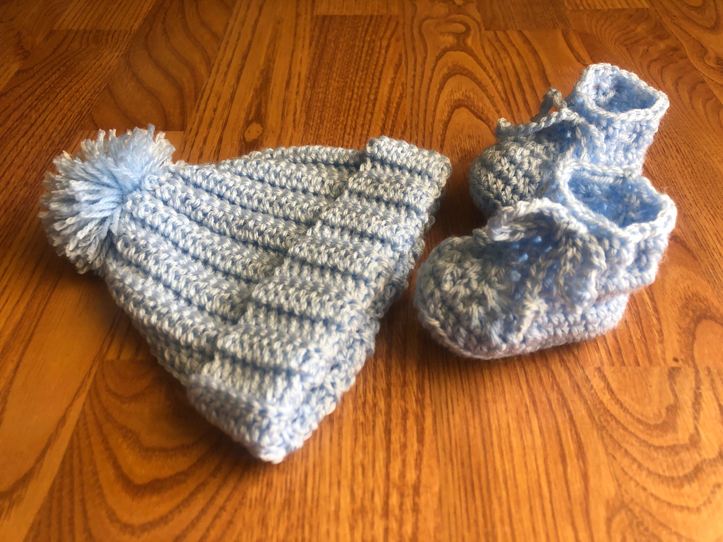 Hand Crocheted Baby Booties and Beanie Hat, Blue - Etsy UK