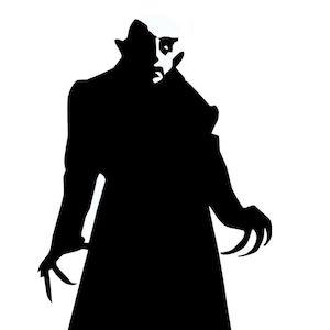 May include: Black and white silhouette of a vampire with sharp teeth and claws, wearing a long coat.