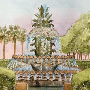 May include: A watercolour painting of a pineapple fountain with a blue and green colour scheme. The fountain is surrounded by lush green foliage and a stone pathway.
