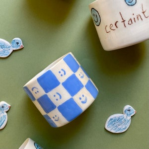 Handmade ceramic happy Checkered mug/ blue
