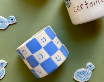 Handmade ceramic happy Checkered mug/ blue