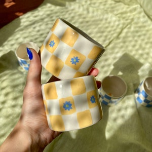 Handmade ceramic orange checkered mug