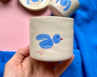 Handmade ceramic blue bird mug come back to yourself