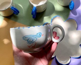 Handmade ceramic my blue bird mug above clouds