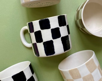 Handmade ceramic Checkered mug with handle