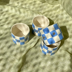 Handmade ceramic blue checkered mug