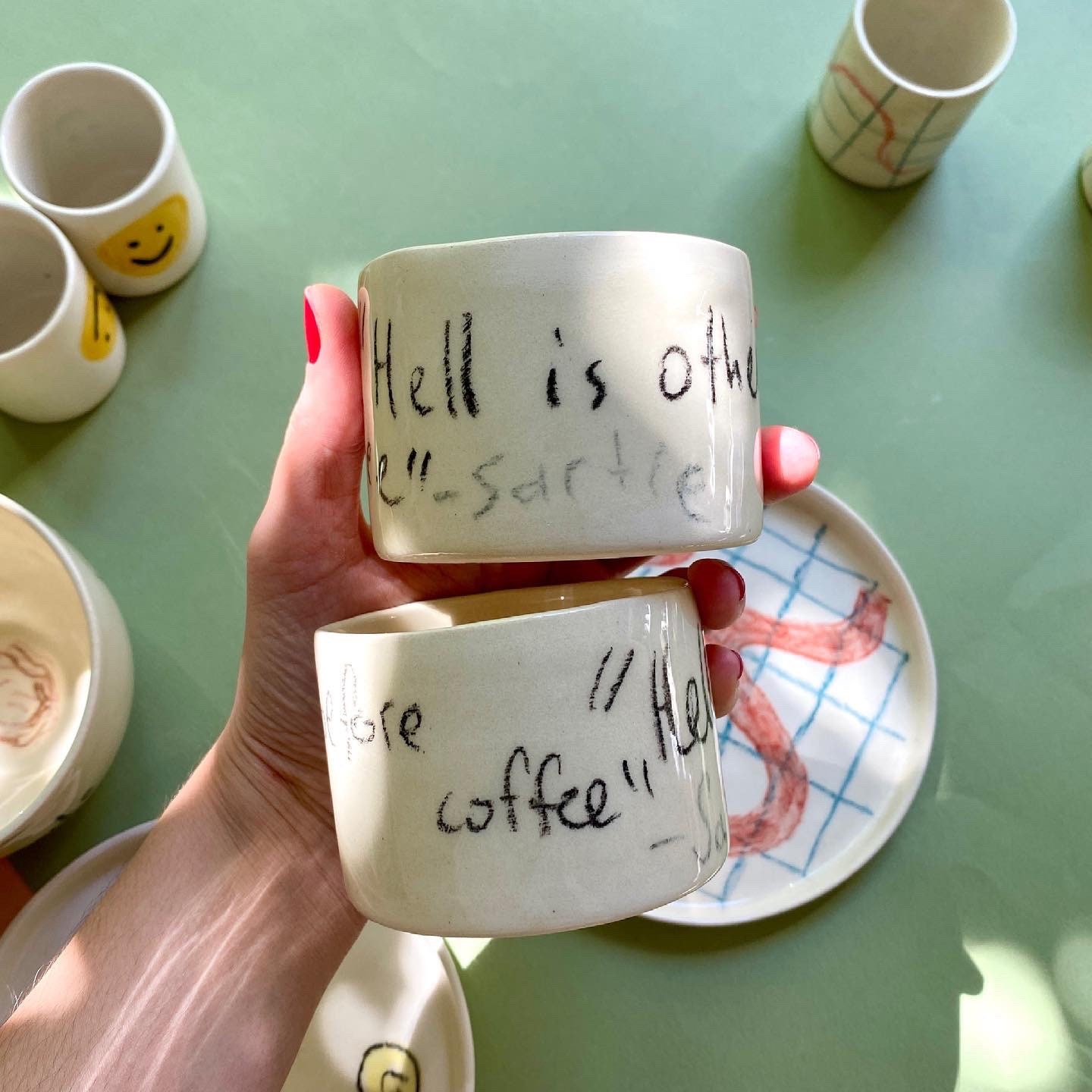 Handmade ceramic "hell is other people, before coffee" mug