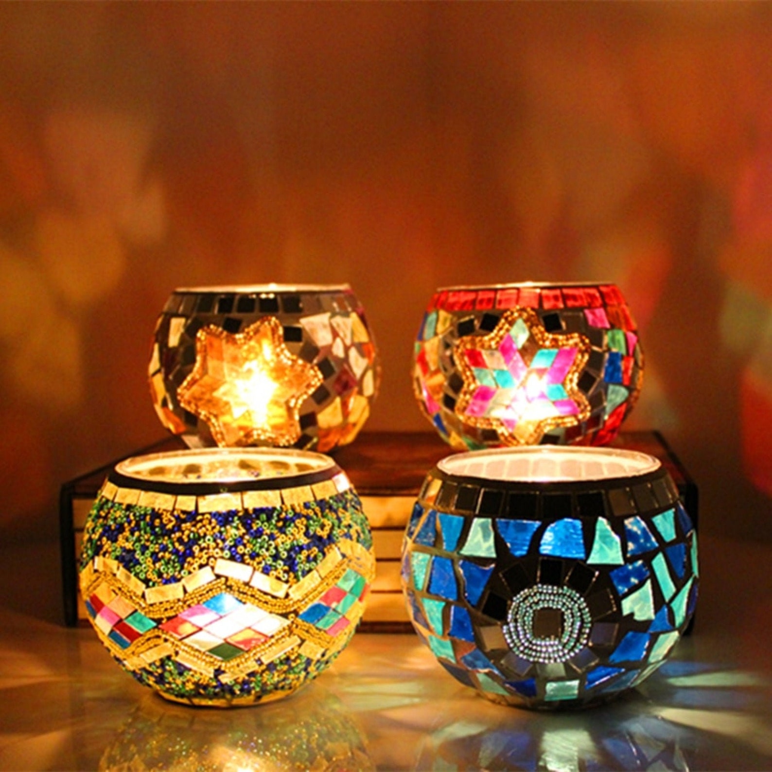 Turkish Mosaic Candle Holder Multicolored Glass Bohemian Etsy