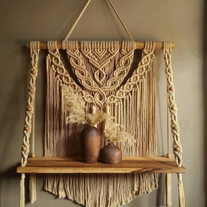 Macrame Shelf Tapestry in Beige - Hand-woven Tapestry, Cotton, Wall Hanging, Bohemian