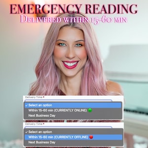 Può includere: Una donna con i capelli rosa sorride alla telecamera. Due menu a tendina mostrano le opzioni di tempo di consegna: Entro 15-60 min (ATTUALMENTE ONLINE) e Il giorno lavorativo successivo. La prima opzione ha un punto verde accanto, mentre la seconda opzione ha un punto rosso accanto.